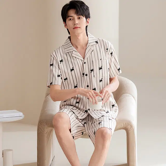 俏佳人 纯棉开衫翻领休闲舒适短袖可外穿家居服睡衣套装 男款 米白条纹