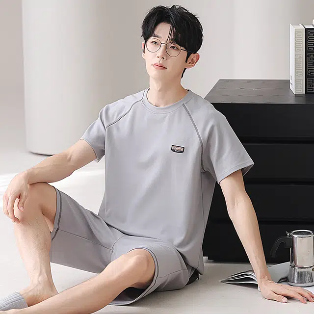 俏佳人 纯棉舒适透气基础慵懒短袖家居服纯色休闲睡衣套装 男款