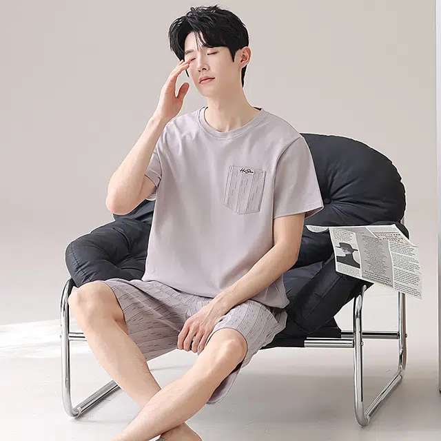 俏佳人 纯棉舒适透气休闲慵懒短袖家居服基础纯色睡衣套装 男款