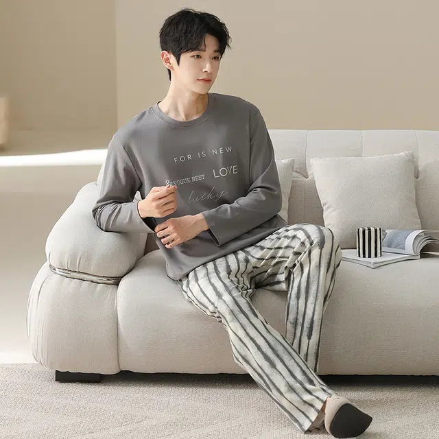 俏佳人 纯棉套头圆领休闲宽松可外穿家居服复古条纹字母柔软亲肤舒适透气长袖长裤睡衣套装 男款
