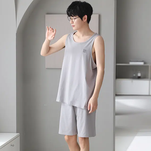 俏佳人 纯色柔软亲肤韩版基础休闲慵懒家居服睡衣套装 男款