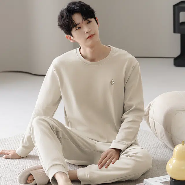 俏佳人 纯棉圆领套头简约休闲宽松柔软舒适可外穿长袖长裤家居服睡衣套装 男款