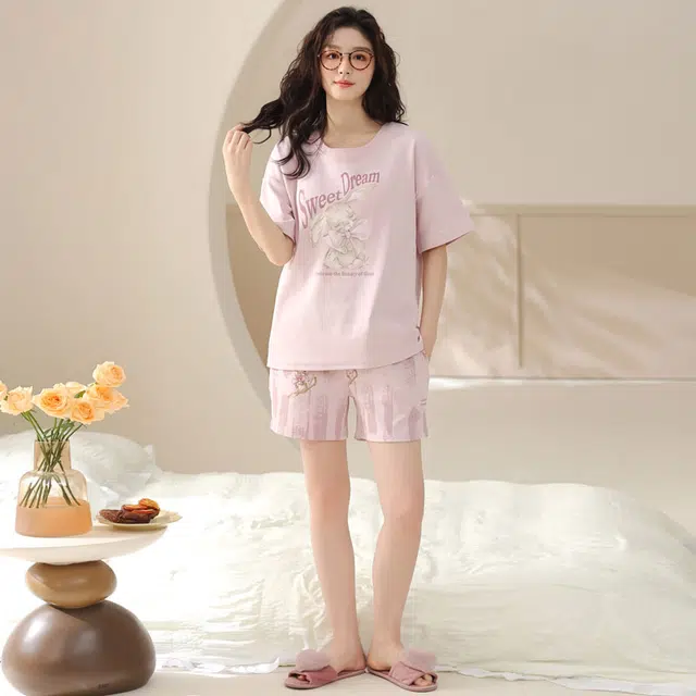 俏佳人 纯棉套头舒适透气慵懒可外穿休闲圆领短袖家居服睡衣套装 女款