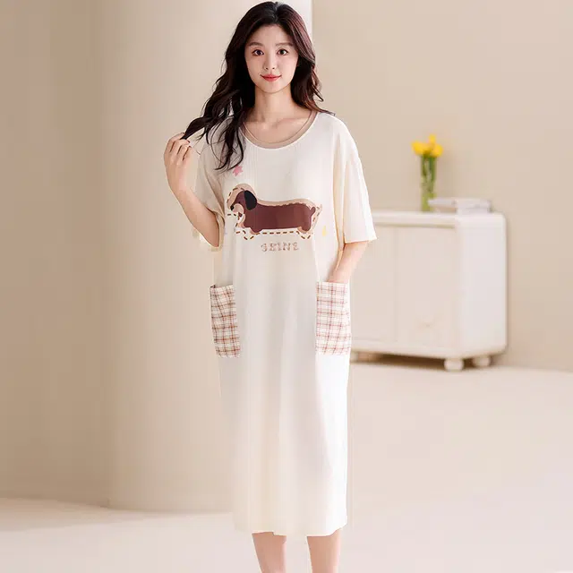 俏佳人 带胸垫垂感亲肤舒适套头休闲慵懒风可外穿透气短袖家居服睡裙 女款