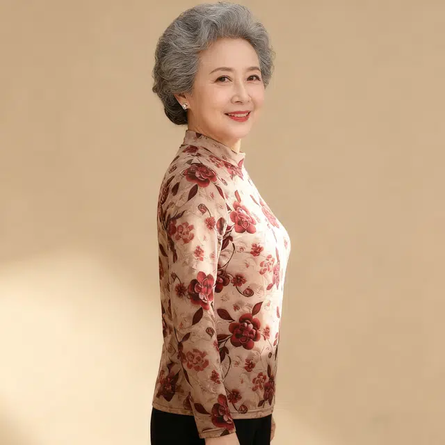俏佳人 秋冬防寒优雅妈妈装磨毛薄绒中老年半高领印花碎花长袖打底衫高弹力舒适亲肤保暖上装 女款
