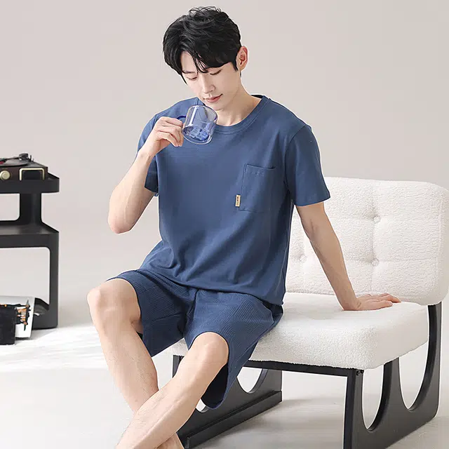 俏佳人 纯棉舒适透气基础短袖家居服休闲慵懒睡衣套装 男款