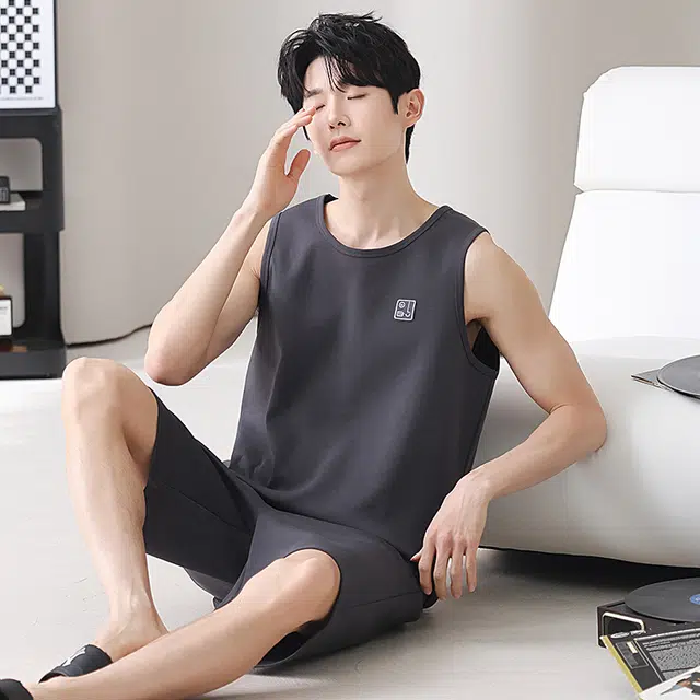 俏佳人 纯棉舒适透气家居服慵懒休闲背心睡衣套装 男款