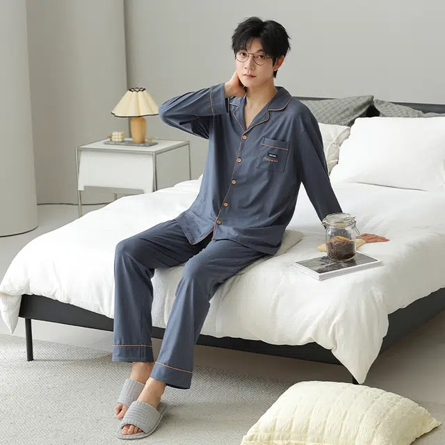 俏佳人 柔软拉架棉开衫简约基础宽松慵懒风舒适透气亲肤可外穿家居服睡衣套装 男款
