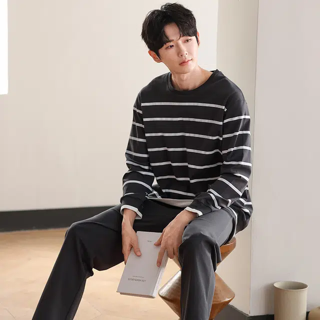 俏佳人 纯棉圆领套头条纹休闲宽松柔软舒适可外穿长袖长裤家居服睡衣套装 男款