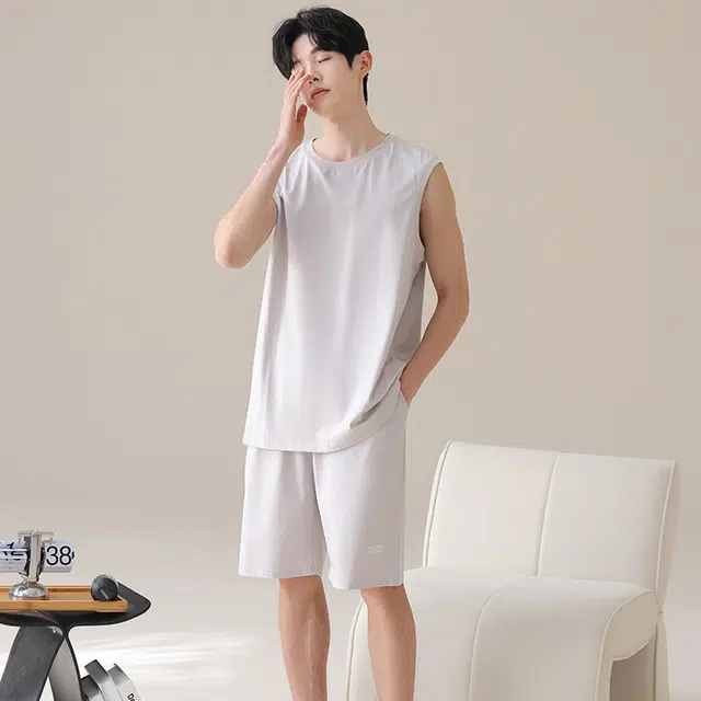 俏佳人 纯棉舒适透气简约套头慵懒风可外穿背心家居服休闲睡衣套装 男款