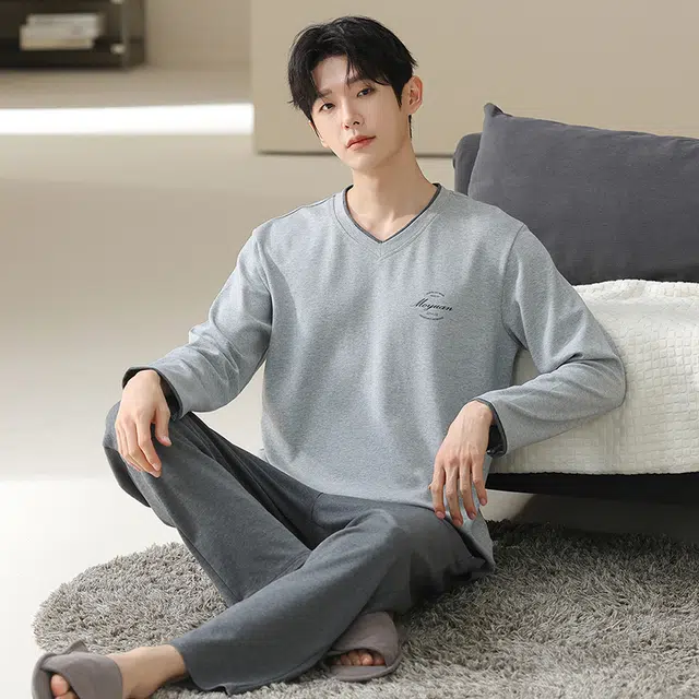 俏佳人 纯棉套头圆领休闲宽松可外穿家居服纯色字母柔软亲肤舒适透气长袖长裤睡衣套装 男款