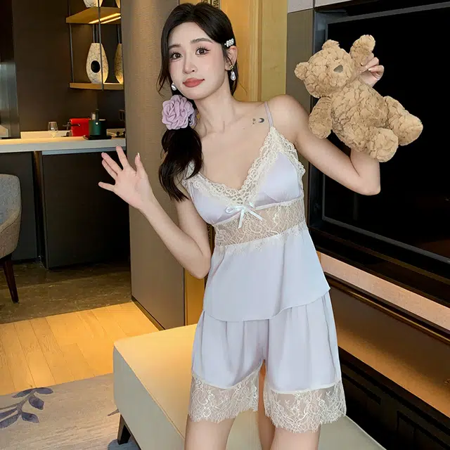 俏佳人 带胸垫性感无袖吊带镂空蕾丝凉感透气亲肤纯色家居服睡衣套装 女款
