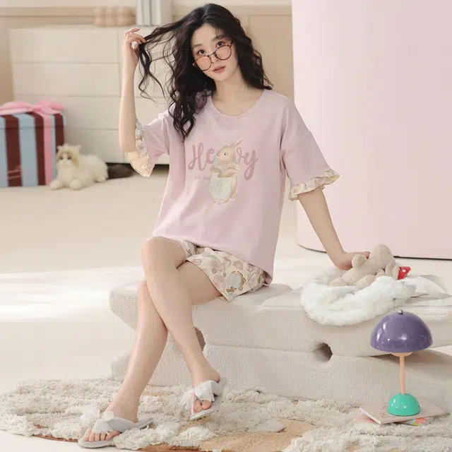 俏佳人 家居服纯棉套头舒适透气慵懒休闲可外穿圆领短袖睡衣套装 女款