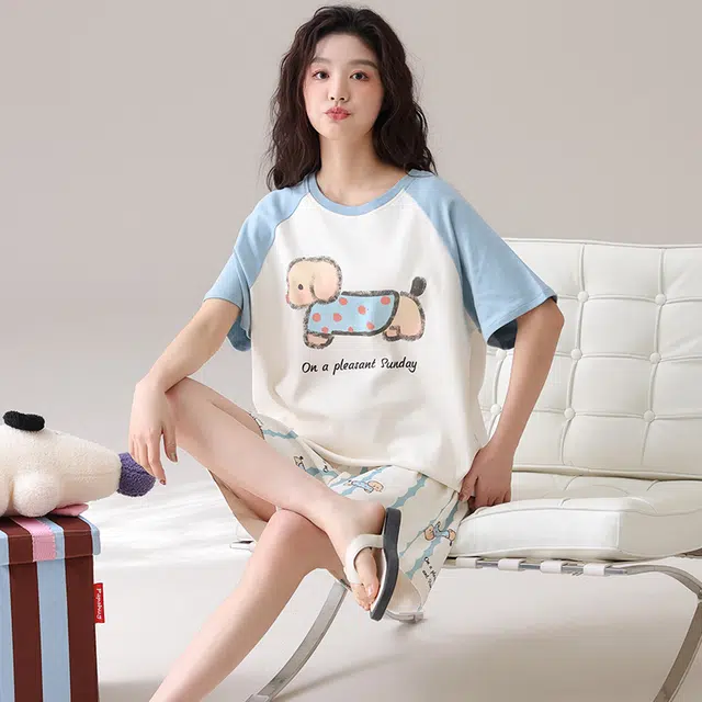 俏佳人 舒适透气休闲慵懒短袖纯棉套头家居服柔软亲肤睡衣套装 女款