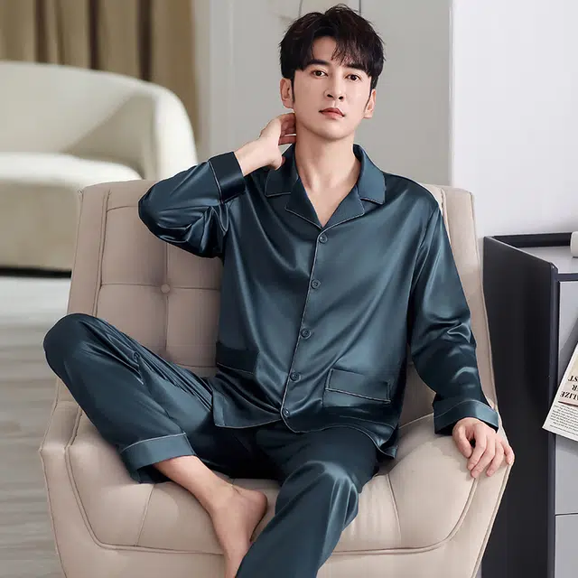 俏佳人 丝滑冰丝高级感开衫翻领纯色简约休闲亲肤透气舒适家居服长袖长裤睡衣套装 男款