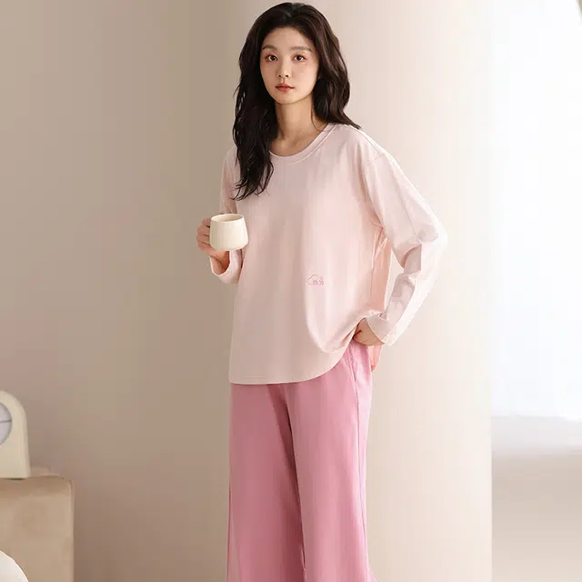 俏佳人  带胸垫圆领套头纯色基础休闲宽松柔软舒适可外穿家居服长袖长裤睡衣套装 女款