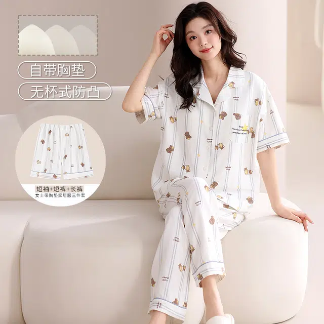 俏佳人 带胸垫条纹卡通印花三件套舒适开衫透气亲肤短袖家居服睡衣套装 女款