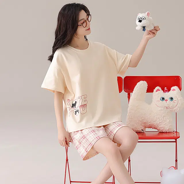 俏佳人 纯棉带胸垫舒适透气百搭休闲可外穿圆领短袖短裤家居服睡衣套装 女款