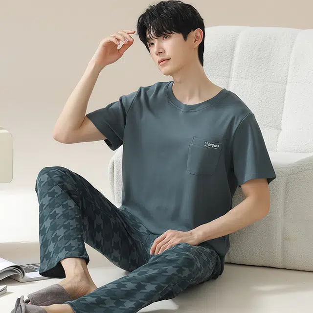 俏佳人 韩版柔软亲肤休闲短袖长裤慵懒家居服睡衣套装 男款