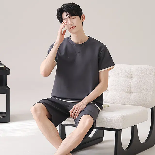 俏佳人 纯棉慵懒短袖舒适透气基础家居服纯色休闲睡衣套装 男款