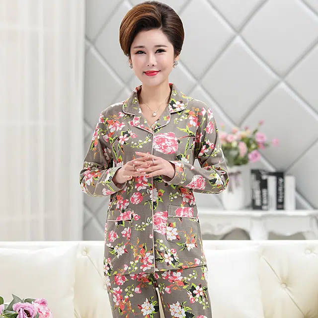 俏佳人 纯棉开衫翻领休闲舒适长袖长裤睡衣套装 女款 图片色