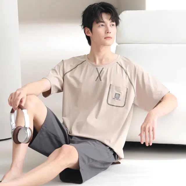 俏佳人 纯棉舒适透气基础休闲慵懒短袖家居服睡衣套装 男款