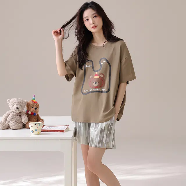俏佳人 纯棉套头舒适透气休闲慵懒短袖家居服柔软亲肤睡衣套装 女款