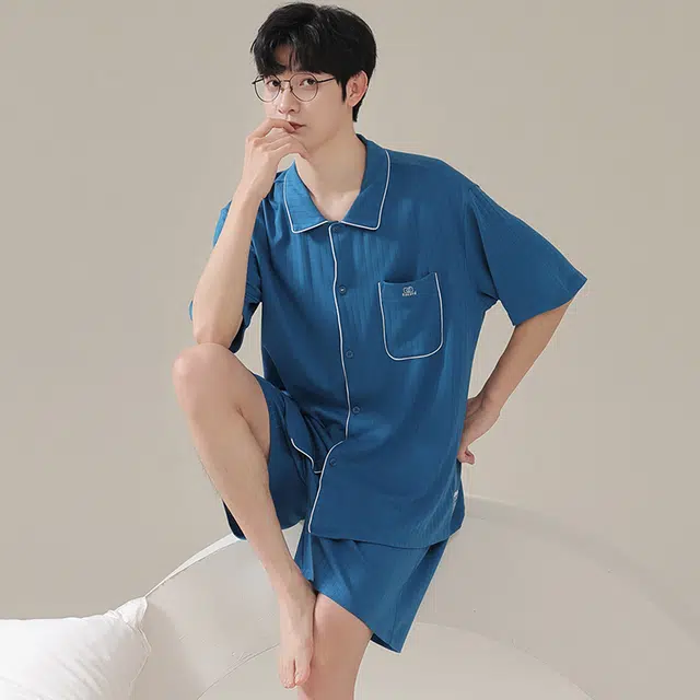 俏佳人 纯色基础柔软亲肤休闲开衫慵懒宽松短袖短裤家居服睡衣套装 男款