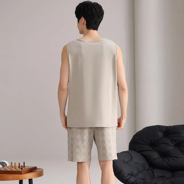 俏佳人 纯棉舒适透气简约套头可外穿休闲慵懒风背心家居服睡衣套装 男款