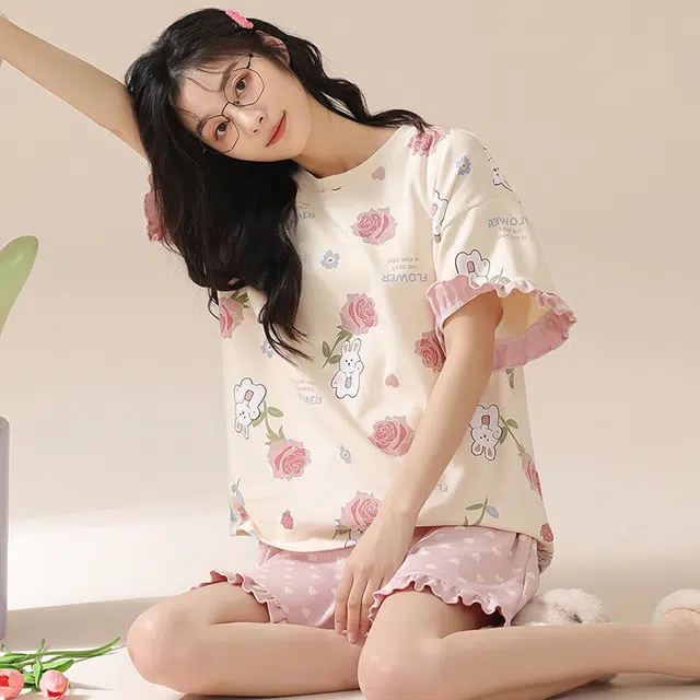 俏佳人 甜美韩版柔软亲肤休闲可外穿短袖慵懒家居服睡衣套装 女款