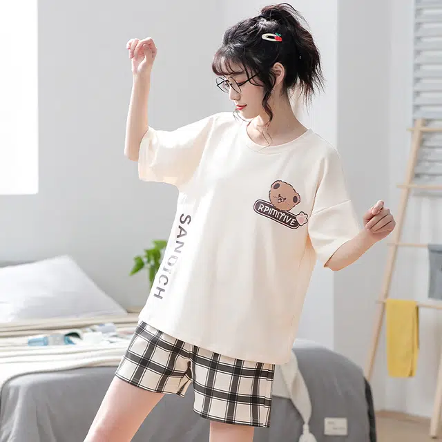 俏佳人 亲肤休闲柔软可外穿套头短袖短裤慵懒宽松家居服睡衣套装 女款