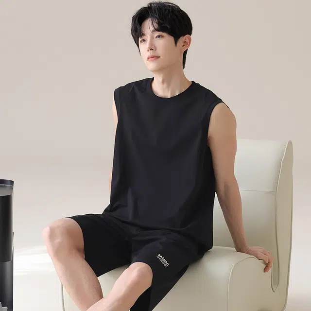 俏佳人 纯棉舒适透气简约套头可外穿背心休闲慵懒风家居服睡衣套装 男款