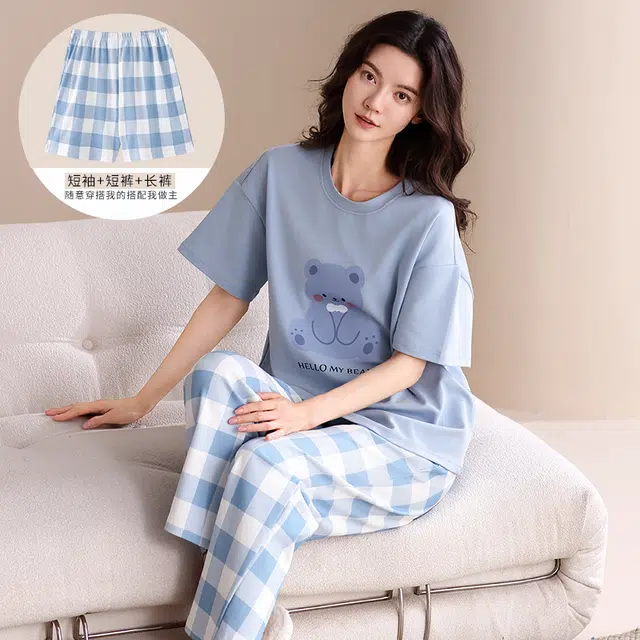 俏佳人 纯棉柔软亲肤透气简约休闲短袖慵懒家居服睡衣套装 女款