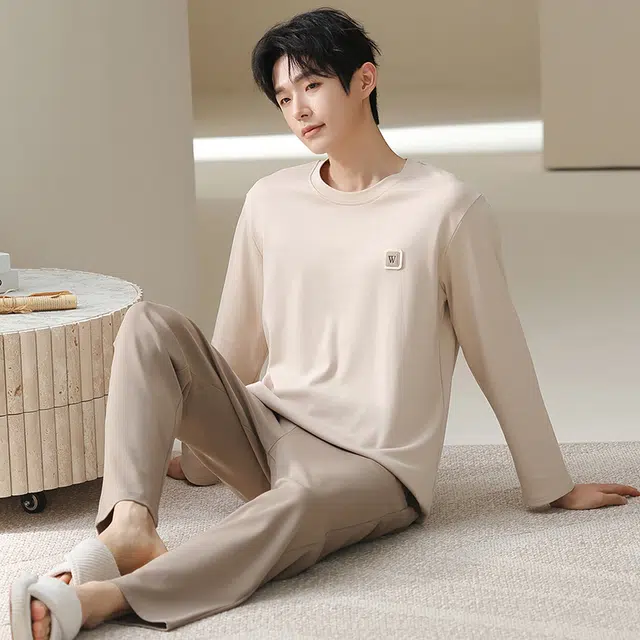 俏佳人 纯棉套头圆领休闲宽松可外穿家居服纯色柔软亲肤舒适透气长袖长裤睡衣套装 男款
