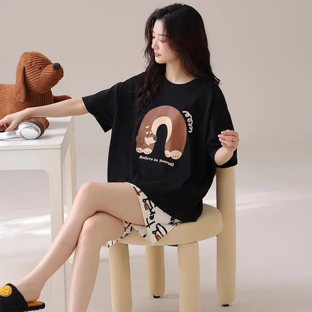 俏佳人 纯棉套头舒适慵懒短袖家居服柔软亲肤透气休闲睡衣套装 女款