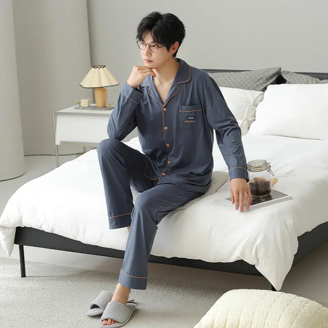 俏佳人 柔软拉架棉开衫简约基础宽松慵懒风舒适透气亲肤可外穿家居服睡衣套装 男款