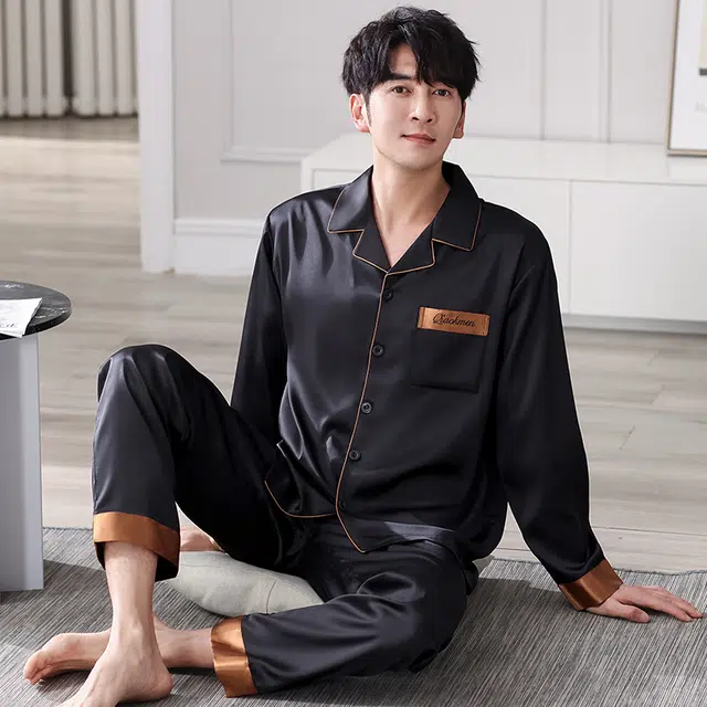 俏佳人 丝滑冰丝高级感翻领开衫简约纯色休闲亲肤舒适透气长袖长裤家居服睡衣套装 男款