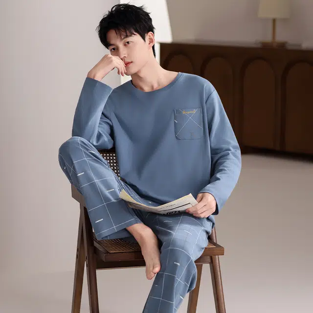 俏佳人 纯棉简约纯色圆领套头格子可外穿家居服舒适亲肤透气长袖长裤睡衣套装 男款