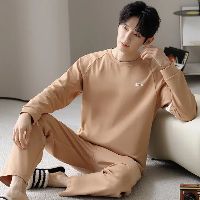 俏佳人 纯棉圆领套头休闲宽松柔软舒适可外穿长袖长裤简约时尚家居服睡衣套装 男款