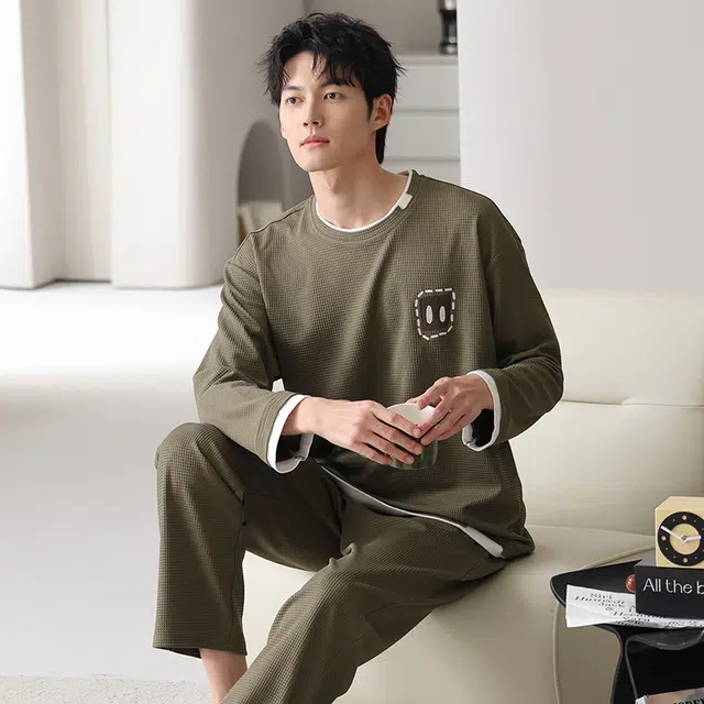 俏佳人 华夫格纯棉重磅简约宽松休闲可外穿圆领套头柔软舒适透气家居服长袖长裤睡衣套装 男款