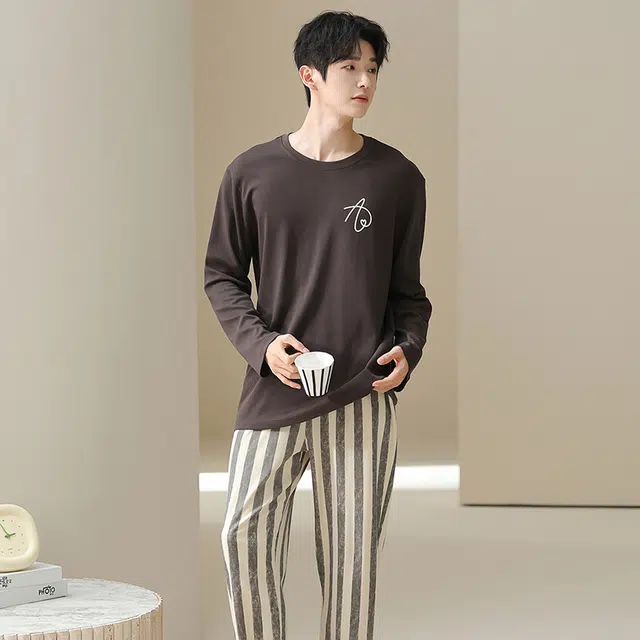 俏佳人 纯棉套头圆领休闲宽松可外穿家居服纯色复古条纹柔软亲肤舒适透气长袖长裤睡衣套装 男款