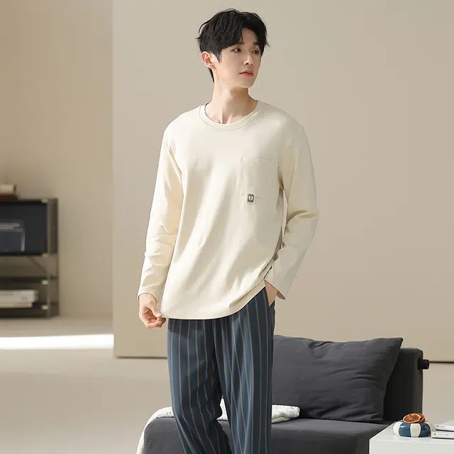 俏佳人 纯棉套头圆领休闲宽松可外穿家居服条纹柔软亲肤舒适透气长袖长裤睡衣套装 男款