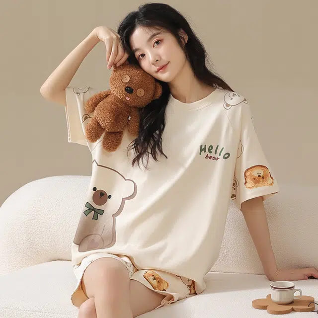 俏佳人 甜美卡通柔软亲肤休闲可外穿短袖慵懒家居服睡衣套装 女款