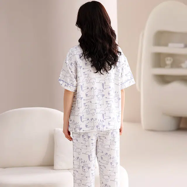 俏佳人 卡通印花三件套带胸垫舒适开衫透气亲肤短袖家居服睡衣套装 女款