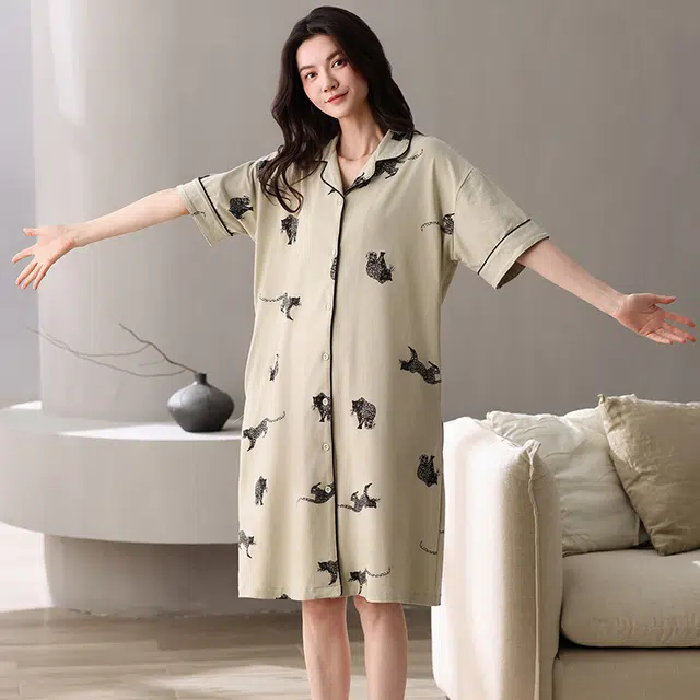 俏佳人 纯棉柔软亲肤透气基础翻领休闲短袖慵懒家居服睡裙 女款