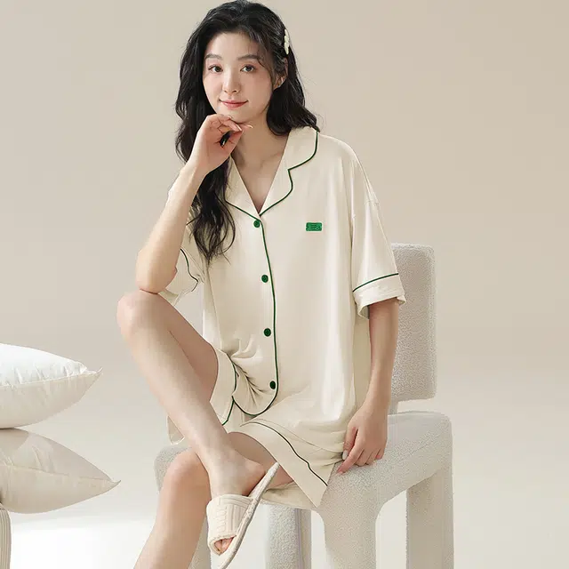 俏佳人 柔软亲肤基础休闲开衫慵懒宽松短袖短裤家居服纯色睡衣套装 女款