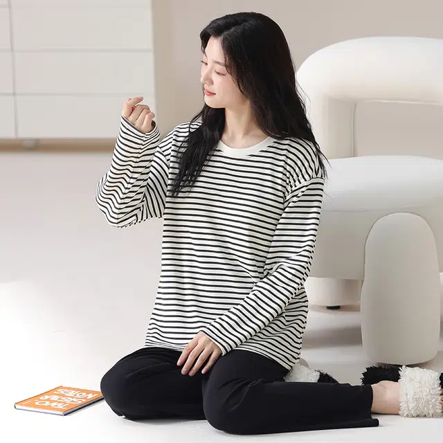 俏佳人 纯棉基础圆领套头条纹休闲宽松舒适亲肤透气长袖长裤可外穿家居服睡衣套装 女款