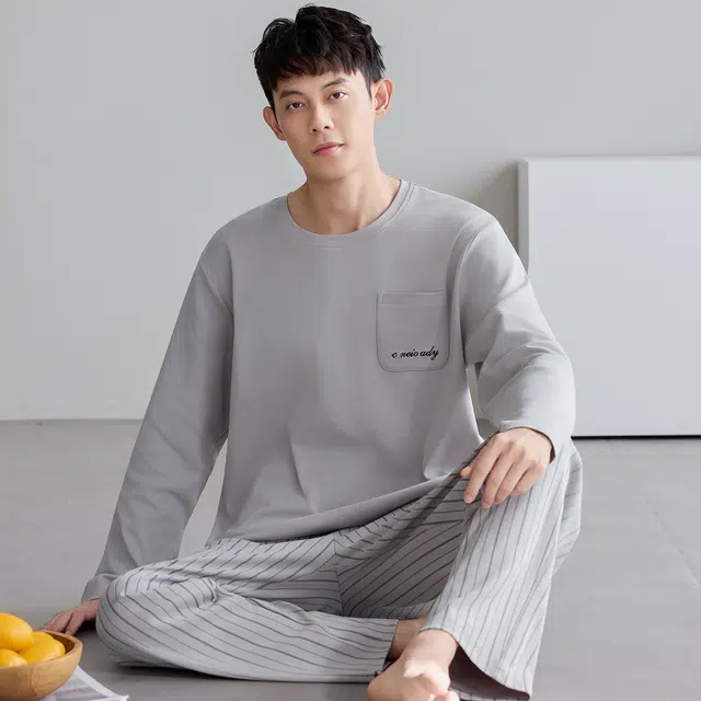 俏佳人 纯棉简约纯色圆领套头可外穿家居服舒适亲肤透气长袖长裤睡衣套装 男款
