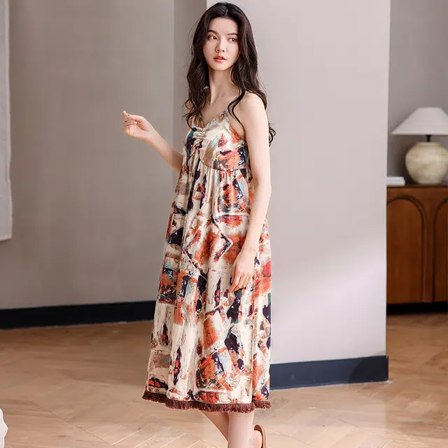 俏佳人 带胸垫高级感凉感复古印花休闲舒适透气吊带无袖家居服睡裙 女款