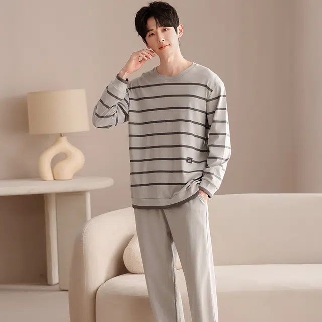 俏佳人 纯棉圆领套头纯色基础条纹休闲宽松柔软舒适可外穿家居服长袖长裤睡衣套装 男款